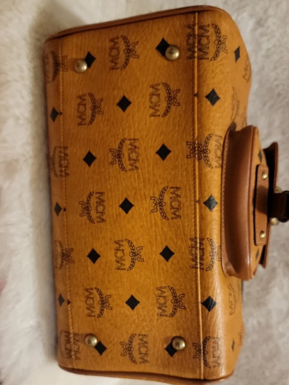 MCM Cognac Logo Visetos Satchel with Gold Hardware and Dog Bone Purse Charm